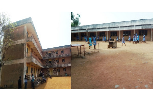 A dilapidated administrative block (left) and crumbling dining hall on the campus