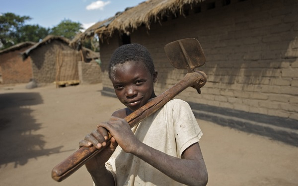 A  young boy holding an axe