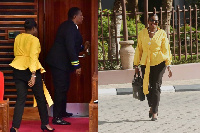 MP Sichwale being escorted out of parliament (left) and full photo of her outside the chamber