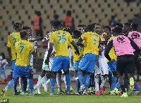 Ghana and Gabon players get into it after the final whistle