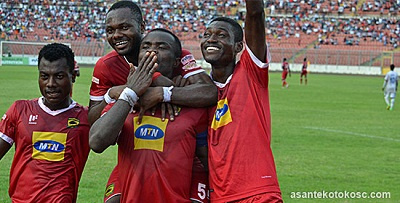 Captain of Kotoko, Amos Frimpong celebrate the lone goal with team mates