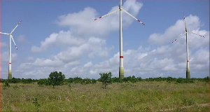 Photomontage of three wind turbines at Konikablo