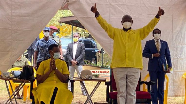 President Yoweri Museveni gestures after he was nominated as National Resistance Movement party 2021