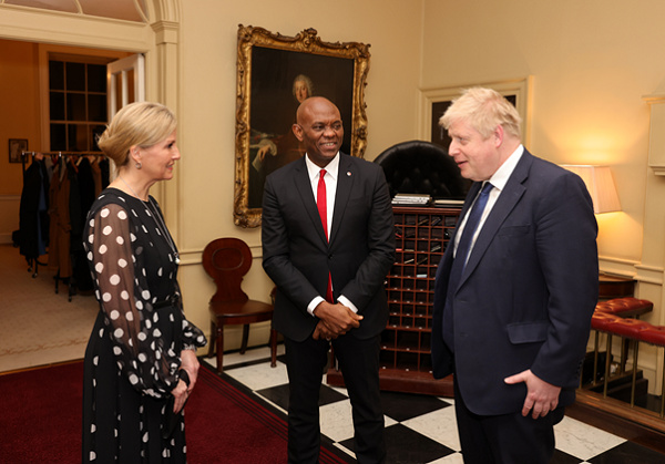 Tony Elumelu, with UK Prime Minister Boris Johnson and Countess of Wessex, HRH Sophie