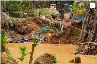 An illegal artisanal miner searches for gold in an excavated pit at the Prestea-Huni Valley