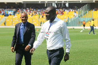 Kotoko coach CK Akunnor with Hearts coach Kim Grant