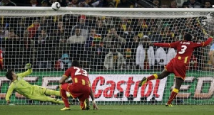 Black Stars striker, Asamoah Gyan hitting the crossbar from the spot in 2010 World Cup