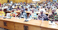 Chiefs and people from the Bono East area seated at the public hearing