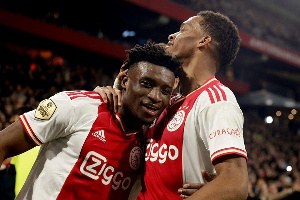 Ajax midfielder, Kudus Mohammed celebrating his goal with Timber