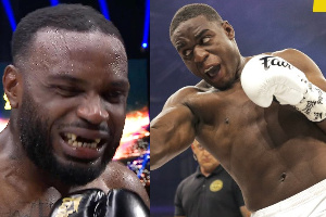 Collage of Congolese kickboxer, Ulric Bokeme with his teeth out and Ghana's Michael Boapeah