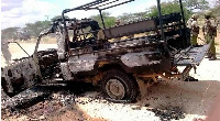 Wreckage of police car after an ambush by Al Shabaab militants along Elwak-Lafey road