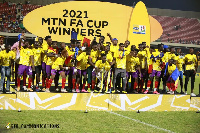 Hearts of Oak lifting the FA Cup trophy. Credit: GFA Communications