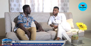 Ryan Bertrand (right) speaking to GhanaWeb's reporter Joseph Adamafio