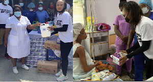 Akuapem Poloo presenting items to mothers at the  Osu Maternity Home