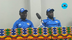 Hearts coach Edward Odoom  and Mohammed Alhassan