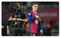 Gavi of FC Barcelona acknowledges the fans at full-time following the team's victory in the La Liga