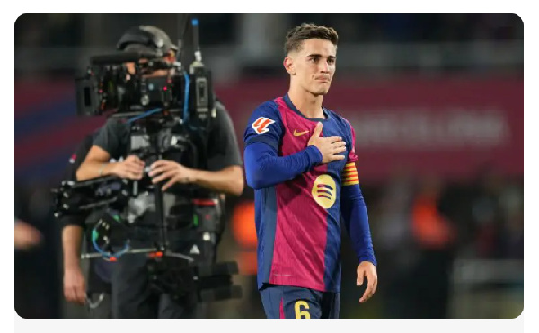 Gavi of FC Barcelona acknowledges the fans at full-time following the team's victory in the La Liga