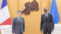 Presidents Kagame and Macron at Village Urugwiro in Kigali during the French president's visit