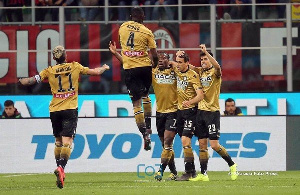 Nicholas Opoku joins his teammates in celebrating the goal