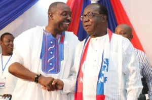 Acting national chairman for the NPP, Freddie Blay in a handshake with General secretary John Boadu