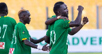 Aduana players celebrating with Bright Adjei(number 10)