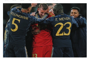 Real Madrid players celebrate after beating Manchester City on penalties