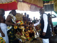 Dr  Christopher Keith Rowley exchanging pleasantries with Okyenhene, Osagyefuo Amoatia Ofori Panin