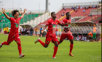 L-Former Asante Kotoko players Fabio Gama, Imoro Ibrahim, and Christopher Nettey(R)