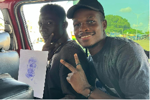 Enil Art with one of the many trotro mates he has sketched