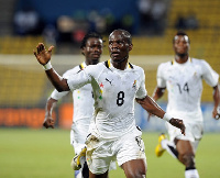 Former Black Stars player, Emmanuel Agyemang Badu celebrating his goal at the 2012 AFCON