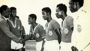 Dr Kwame Nkrumah exchaning pleasantries with the Black Stars of 1963