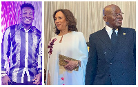 A collage of Asamoah Gyan, Kamala Harris and Akufo-Addo