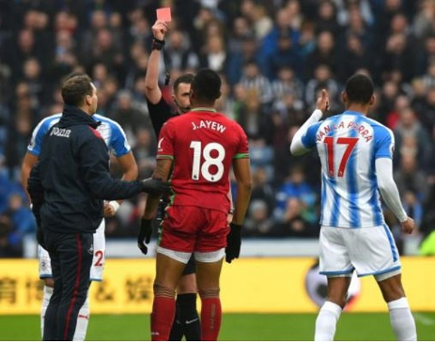 Jordan Ayew was red carded 11minutes into the game against Huddersfiled Town