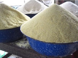 Gari is a powdery food material flour made from the tuberous roots of the cassava plant