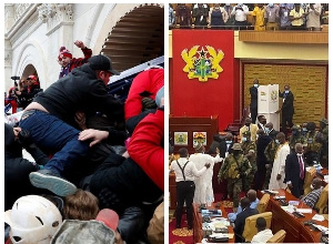 Left: US Capitol facing siege; Right: Debating chamber of Ghana