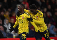 Edward Nketiah celebrates after scoring against Portsmouth