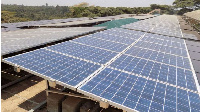 An aerial view of solar power panels.