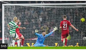 The first of Daizen Maeda's three goals sent rampant Celtic into the break 3-0 up