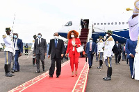 President Biya and wife Chantal get the usual red carpet treat in Yaounde