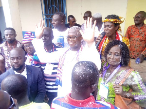 Yaw Owusu Brempong, hands-raised in the middle, acknowledging victory as NPP Candidate-elect