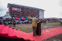 President Mahama addressing chiefs and the people of Kwamekrom