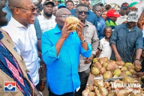 Dr. Mahamudu Bawumia enjoying coconut water during a campaign stop