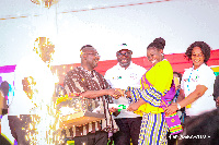 An elated Madam Stella Gyimaah Larbi greets Vice President Bawumia