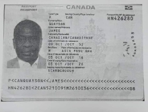 A photo of James Gyakye Quayson's passport