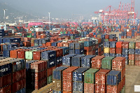 A photo of containers at the port