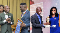 Kwame Fordjour presenting the 'fake' awards to Sarkodie, Berla Mundi