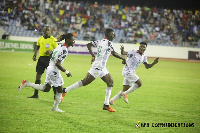 Felix Afena-Gyan celebrating his goal with Gideon Mensah and Kudus Mohammed