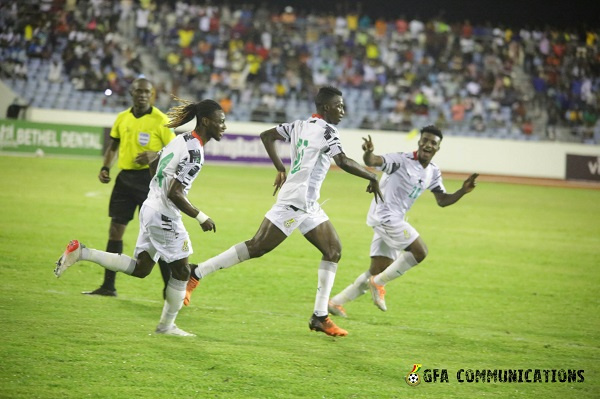 Felix Afena-Gyan celebrating his goal with Gideon Mensah and Kudus Mohammed