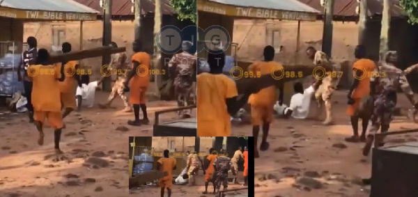 Men in prison officer uniform, and some inmates beating up a man in white