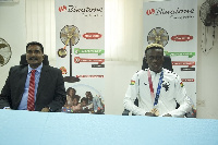 MD of Biantone, left, with Samuel Takyi Ghana’s sole medalist at the Tokyo 2020 Olympics, right